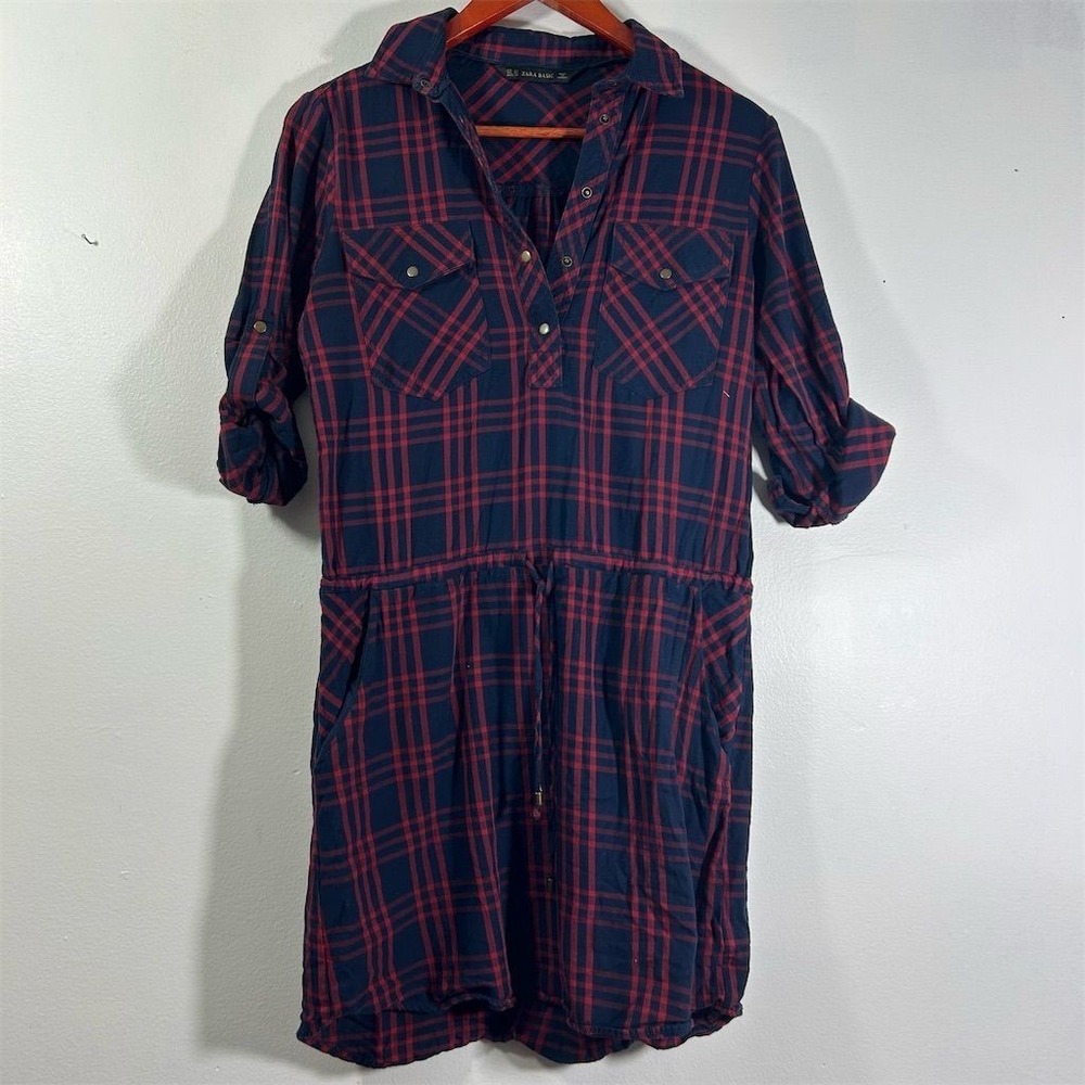 Zara Women's Size XS‎ Plaid Flannel Mini Shirt Dress Red Blue Long Sleeve